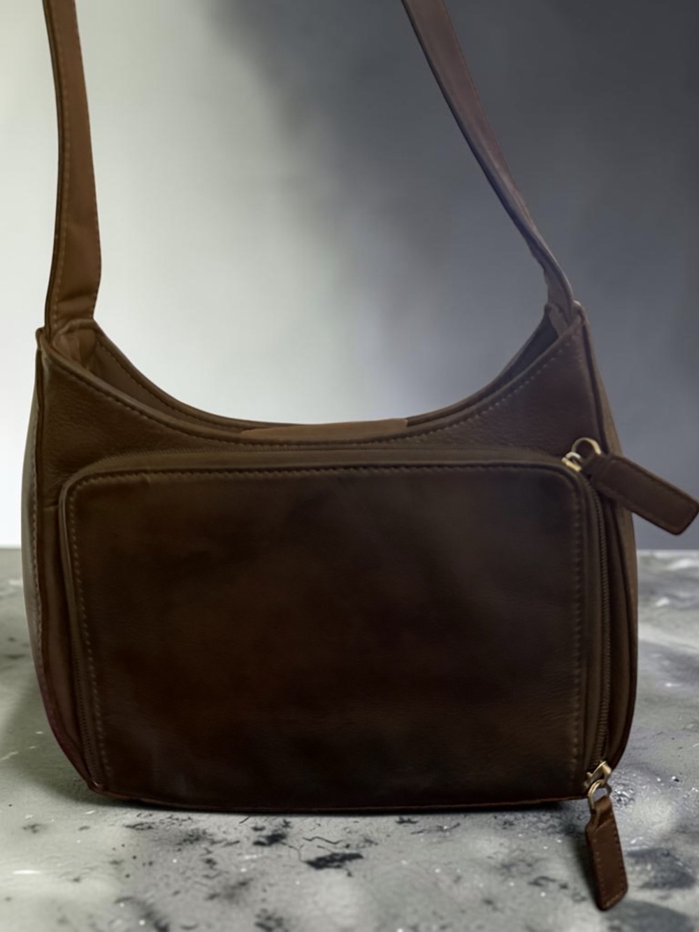 Fossil Leather Shoulder Bag Brown • Front Zip Pocket • Minimalist Daily Tote